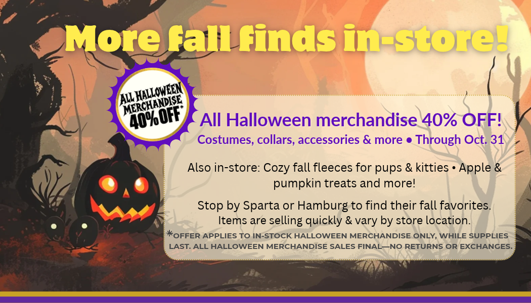 web tablet_mobile 1050x600 (3) Maxwell & Molly’s Halloween sale: 40% off all Halloween merchandise through October 31 at Sparta and Hamburg. In-stock items only, while supplies last. All Halloween sales final. Also in-store: cozy fall fleeces and apple and pumpkin treats.